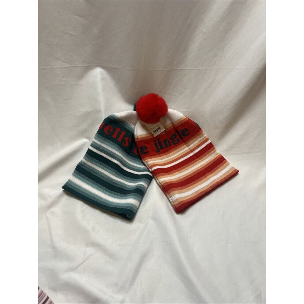 Winter Hat 2 Pack Jingle Bells Women Beanie Pom Holiday Striped